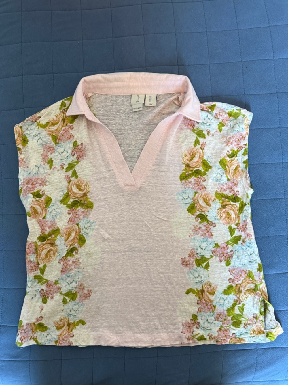 Joie Pink Floral V-Neck Collared Tank/cap sleeve shirt 100 percent linen large